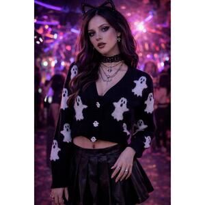 33 Degrees Ghost Print Cropped Cardigan Sweater Black Halloween Button Front XXS